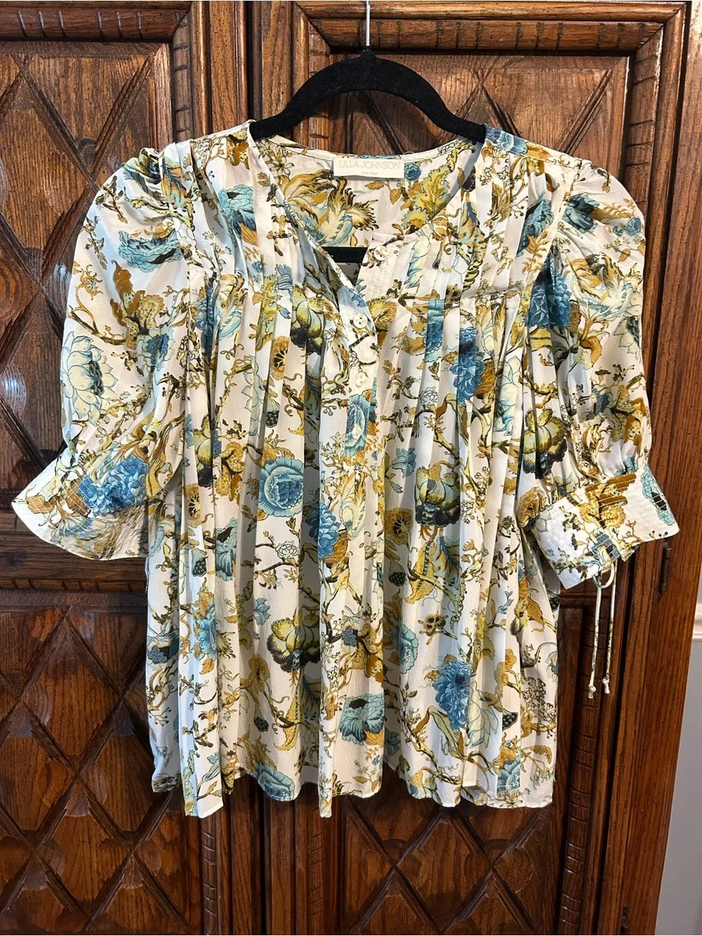 Ulla Johnson Ivory Floral Pintuck Cotton Blouse with Blue & Mustard